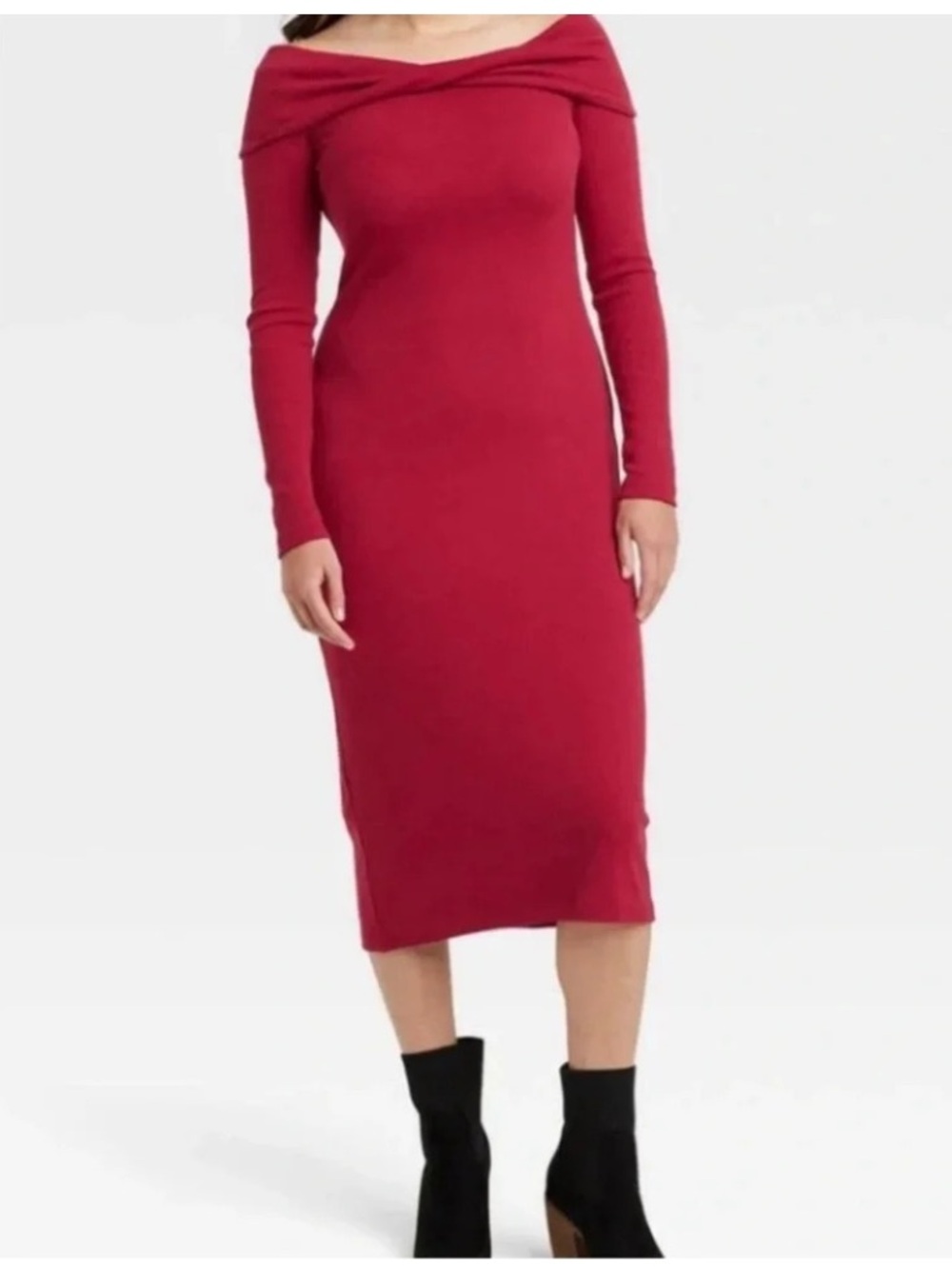 Universal Thread Red Ribbed Off Shoulder Midi Dress Bodycon Womens Medium NWT